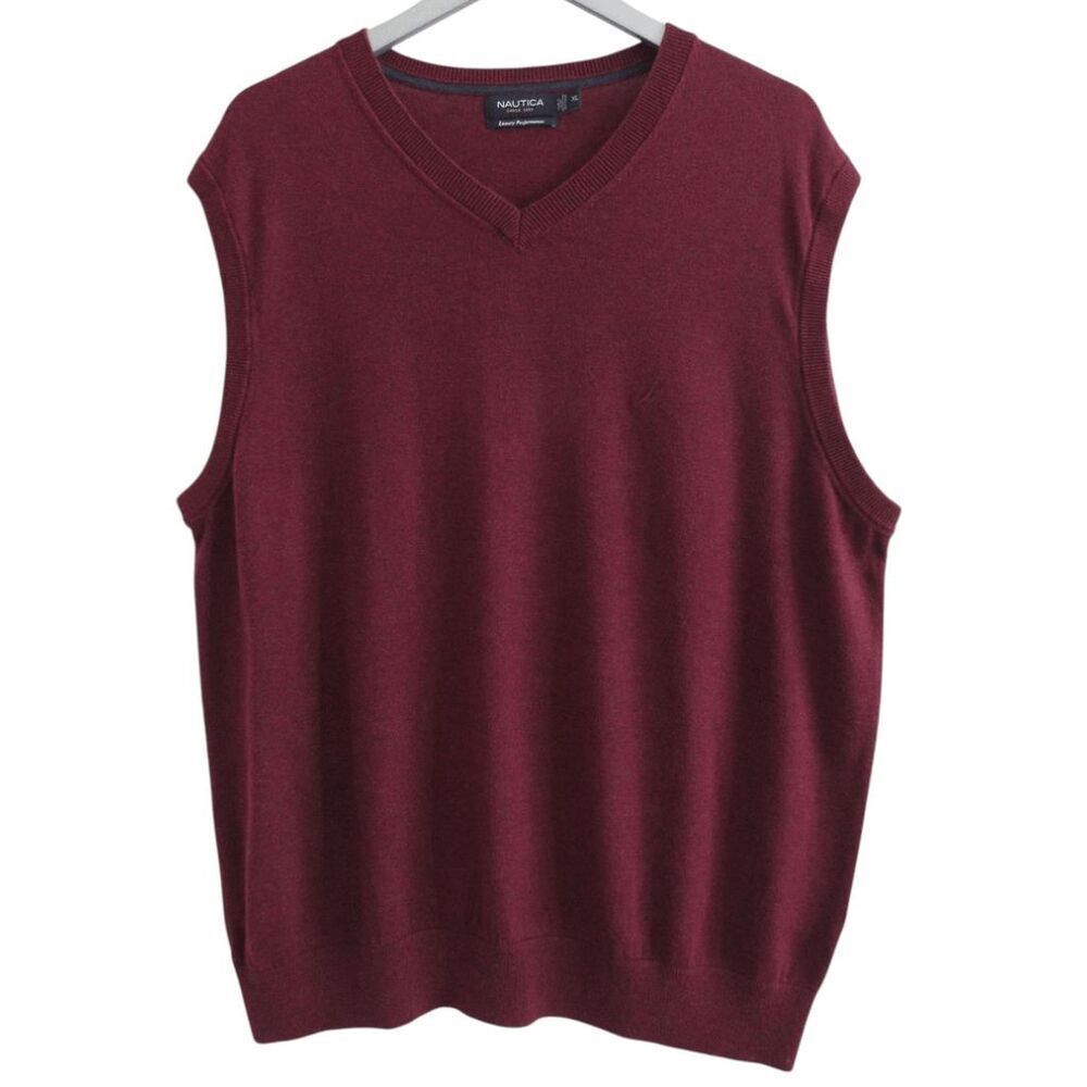 Men's Nautica Luxury Performance Cotton Modal V-Neck Sweater Vest Burgundy‎ XL